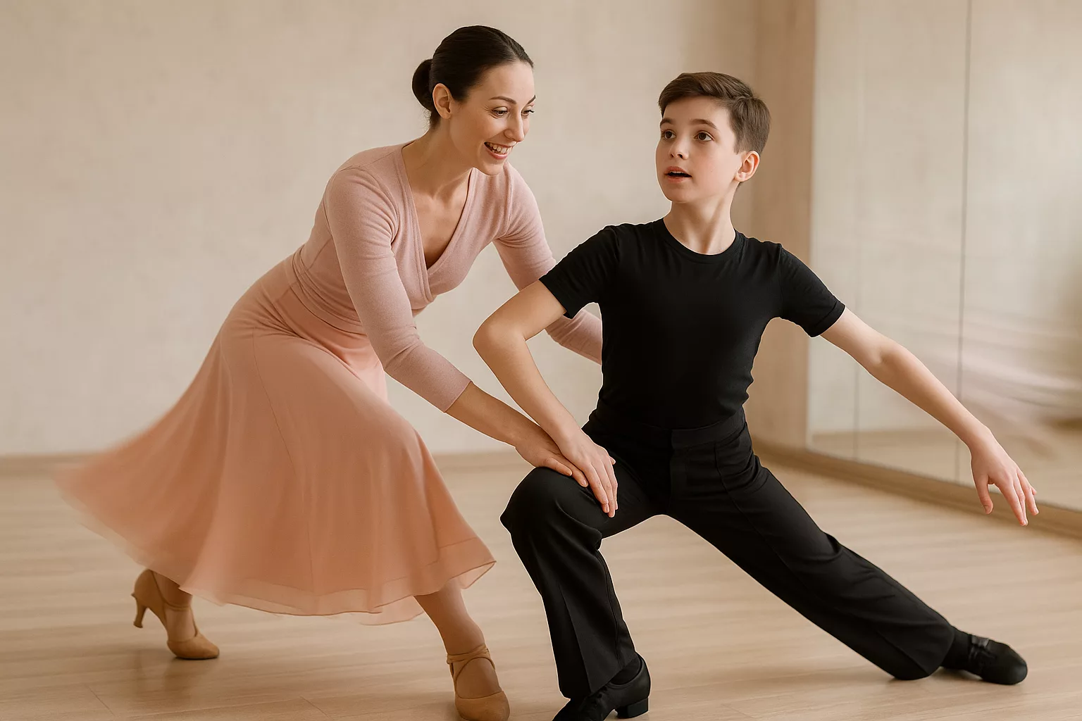 Dance Education for Children and Teenagers in Blagoveshchensk: A Parent’s Guide тренер помогает подростку в танцевальном выпаде