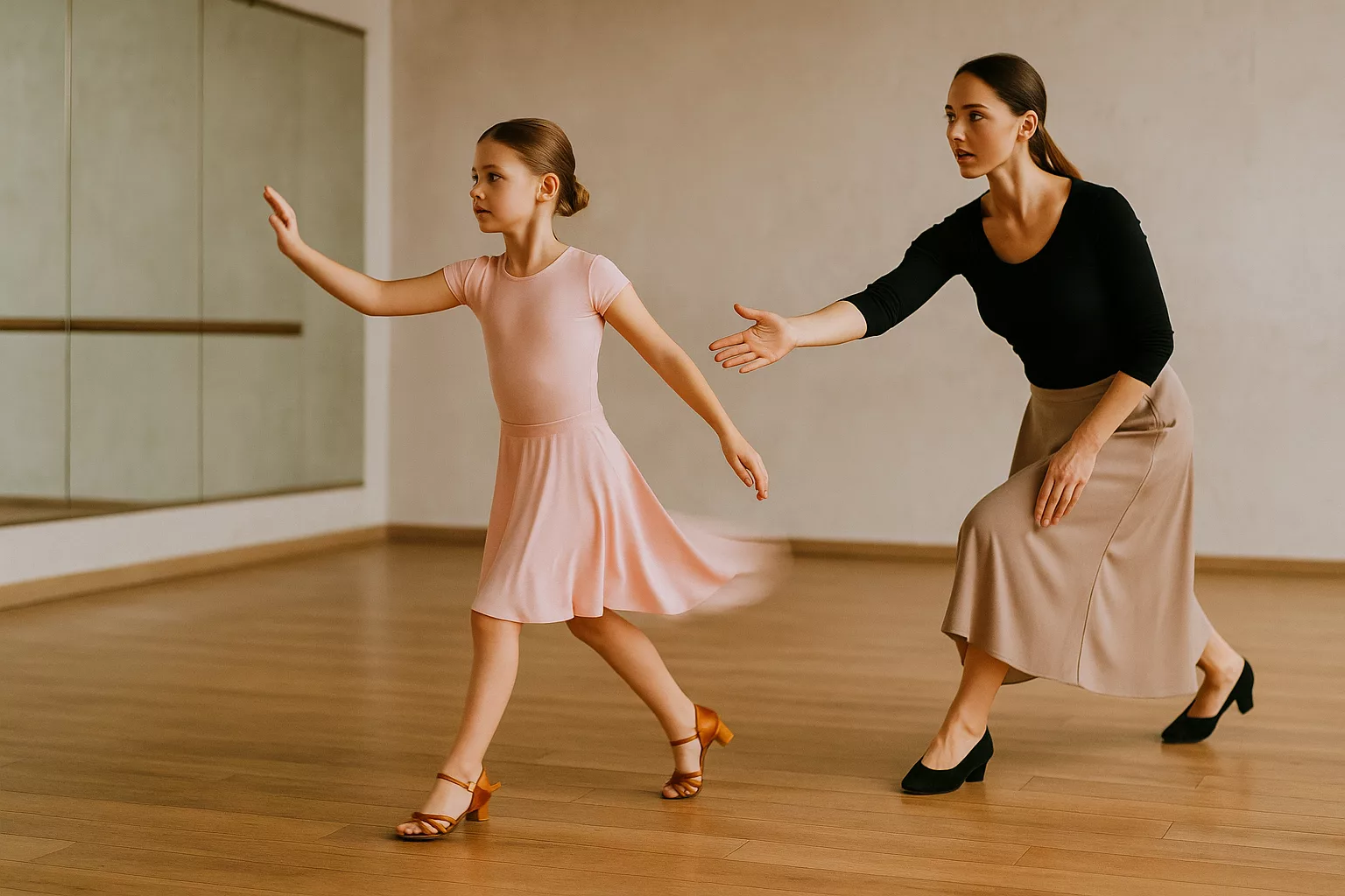 Dance education for children and teenagers in Blagoveshchensk: guide for parents and young dancers тренер направляет шаг девочки в танцевальных туфлях